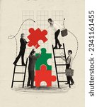 Small photo of Contemporary art collage. People making puzzles with ladder, symbolizing team work. Concept of partnership, team, career, motivation, achievement, professional growth.