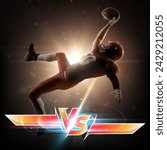 Small photo of Poster. Creative collage with American football player in motion and letters VS for versus matchups, illuminated in red-yellow with glinting highlights. Concept of sport, tournament, championship.