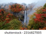 A breathtaking view of Kegon Waterfalls 華厳滝, which tumbles from Lake Chuzenji to a stream, and brilliant fall colors on the rocky cliffs on a foggy autumn day, in Nikko National Park, Tochigi, Japan