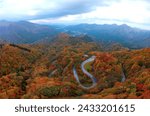Top down view over Irohazaka (いろは坂, a scenic mountain highway connecting Lake Chuzenji to Nikko City, in Tochigi Prefecture, Japan), with multiple hairpin turns winding through colorful autumn forests