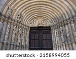 Small photo of Furstenportal (Princes' Portal) of the Bamberg Cathedral in Bavaria in Germany, with the Last Judgment depicted in the tympanum (13th century)