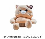 brown fat cat plush toy isolated on white background. Cat plush stuffed puppet on white backdrop.