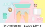 workspace flat lay stationery... | Shutterstock .eps vector #1130312945