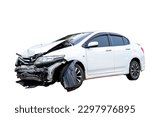 Front and side of white car get damaged by accident on the road. damaged cars after collision. isolated on white background with clipping path include