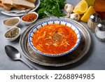 Small photo of Chicken noodle soup with tomato. Turkish name; Domatesli tavuklu sehriye corbasi