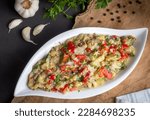 Small photo of Turkish style eggplant appetizer, eggplant salad, Roasted Eggplant Salad, Turkish name; Patlican salatasi, babaganus