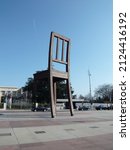 Small photo of Geneva, Switzerland - 3 12 2015: Chair monument in front of United Nations building in Geneva - dedicated to all victims of landmines