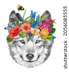 Portrait Of Wolf With A Floral...