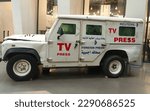 Small photo of Reuters Press and Media Land Rover Vehicle Used in Combat Zones. On display at The Imperial War Museum London. 17 April 2023.
