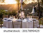 Summer 2021, sunset  wedding preparation  with the bride and groom background,  Italy