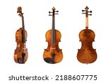 Violin on white background, diagonal, 
Old violin with front, back and side views.