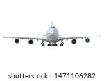 Aircraft with landing gear extended, straight ahead view isolated on white background
