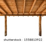 Wooden porch roof with wooden columns isolated on white background