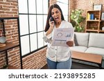 Small photo of Young hispanic woman speaking on the phone about bills angry and mad screaming frustrated and furious, shouting with anger. rage and aggressive concept.