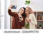 Two women mother and daughter drinking wine make selfie by smartphone at home