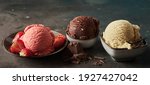 Small photo of Wide angle of collection of delicious gelati with fresh strawberries and grated chocolate with aromatic vanilla pod