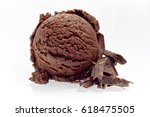 Close Up Still Life of Single Scoop of Rich Chocolate Ice Cream with Chocolate Shavings on White Background