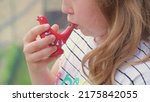 Small photo of Young Caucasian Girl Blowing Porcelain Bird Whistle Water Whistle Toy Playing High Pitch Vibrating Sound