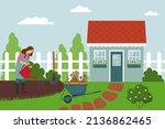 woman holds watering can.... | Shutterstock .eps vector #2136862465