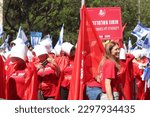 Small photo of Tel Aviv, Israel - May 4, 2023: Demonstrators rallied in front of Rabbinical Court, 33 King David Blvd, protesting against the judicial reform. Political performance inspired by the Handmaid's Tale.