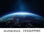 Small photo of Surface of Earth planet in deep space. Outer dark space wallpaper. Night on planet with cities lights. View from orbit. Elements of this image furnished by NASA