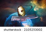 Small photo of JWST in outer space. James Webb telescope far galaxy explore. Sci-fi space collage. Astronomy science. Elemets of this image furnished by NASA