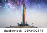 Small photo of Spaceship on launch pad. Mission to Moon. Return to Moon. SLS space rocket. Orion spacecraft. Aretmis spae program to research solar system. Elements of this image furnished by NASA