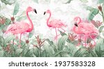 Flamingos In Tropical Plants On ...