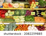 Offer of various organic vegetables and fruits with German-language 