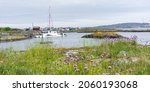 Small photo of A bay with lovely meadow in foreground and a sailboat which sank
