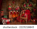 Fireplace and Christmas tree background. Festive interior inside wooden house, New Year's cheerful mood Spirit of Christmas. 