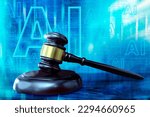 Small photo of Judicial gavel and AI symbol. Jurisprudence and ban artificial intelligence concept.