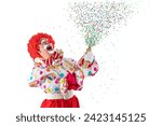 Small photo of Funny clown pulling carnival cracker. Entertainer Joker in colorful suit and wig.Trickster, jester, pantomime, mime whiteface makeup. Professional actor at event, kids party, circus