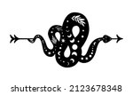 Celestial serpent arrow symbol. Black snake shape on the arrow. Love symbol. Decorative romantic serepent graphic element isolated on white. Celestial vector illustration.