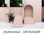 Minimal empty space scene with pink painted wall and little step with arc  for photoshoot in natural light scene / studio concept / rose pink theme / outdoor studio / modern minimal style