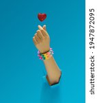 Small photo of K pop concept. A girl hand with rainbow pyramid studded bracelet showing fingers heart gesture. Red glittery heart above. Optimistic blue in background.