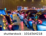 Night view busy UK Motorway traffic jam at night