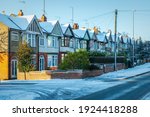 Terraced houses under snow in england uk.