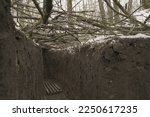 empty infantry trenches covered with tree branches and camouflage netting. protection of soldiers. engineering constructions in the army. hiding the defensive line from enemy aircraft and intelligence