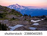 Sunset Illuminates Mt Shuksan and Alpine Lakes as Viewed from Yellow Aster Butte. North Cascades National Park, Washington