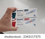 Small photo of Prague,Czech republic- June 22 2023: Ozempic box. Czech version of ozempic medication. Diabetes treatment in Czech republic. Package of semaglutide. Diabetes drug.Sometimes abused for weight loss