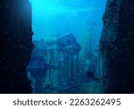 A scuba diver discovers the lost city of Atlantis conceptual theme.