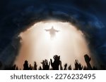 Heaven opens as God comes down to earth for the final judgment with blurry hands of people below.