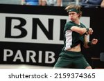 Small photo of ROME, ITALY - 10.05.2022: ANDREY RUBLEV (RUSSIAN) play game against F.KRAJINOVIC (SERBIA) during their single men round match in the Internazionali BNL D'Italia at Foro Italico in Rome