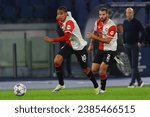 Small photo of Rome, Italy 07.11.2023: Calvin Stengs of Feyenoord, Bart Nieuwkoop of Feyenoord in action during the Uefa Champions League 2023-2024 football, group E, SS Lazio vs Feyenoord at Olympic Stadium in Rome