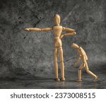 Small photo of wooden mannequin as obedient subservient person following dictator's orders on dark background