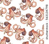 watercolor octopus seamless... | Shutterstock . vector #563134798