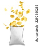 Small photo of Potato chips bursting out from packaging over white background