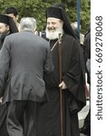 Small photo of The Forthright Greek Orthodox leader Archbishop Christodoulos greeting pilgrims honoring the Saint John the Russian. May 26, 2005 - Prokopi, Evia, Greece
