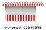 Small photo of Beautiful long market stand stall with red white striped awning isolated on white background. New selling object on the street outdoor sell. Retail business concept.